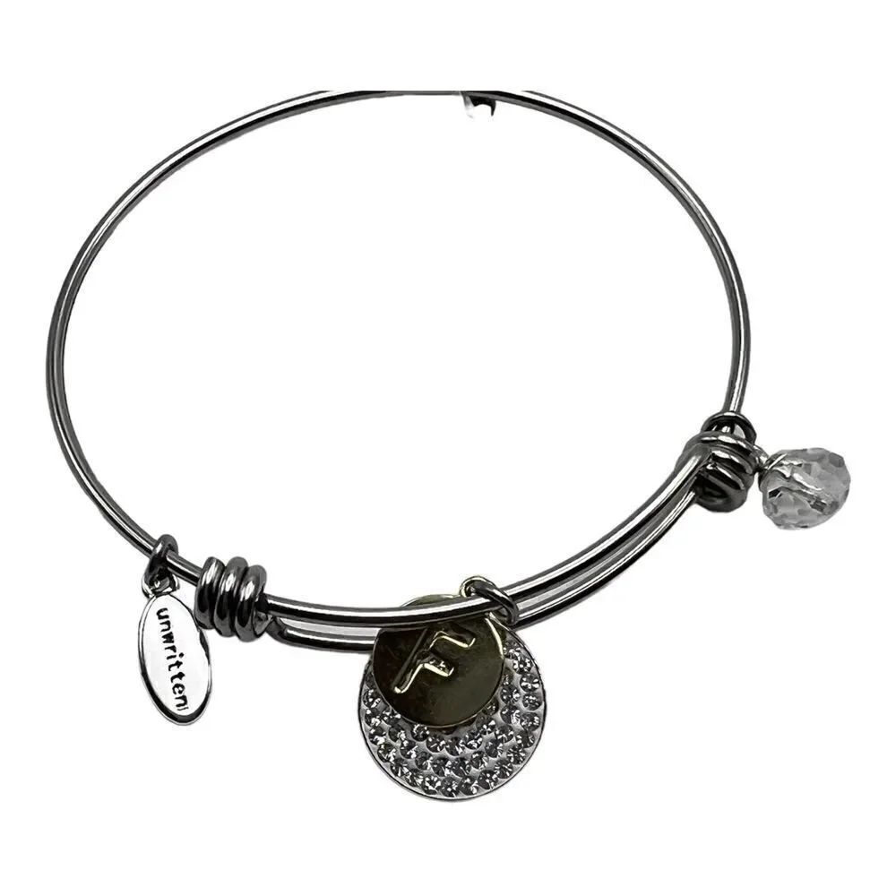 Unwritten Pave and Disc Bangle Bracelet "F" Fearless Stainless Steel New